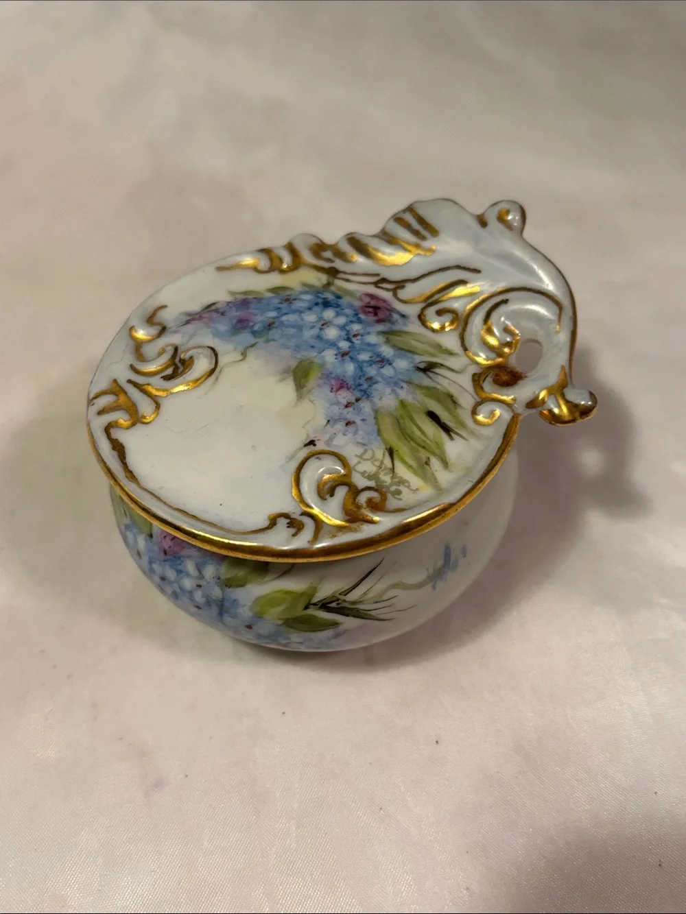 Porcelain Trinket Box with Hand-Painted Blue Floral and Gold Scrolls